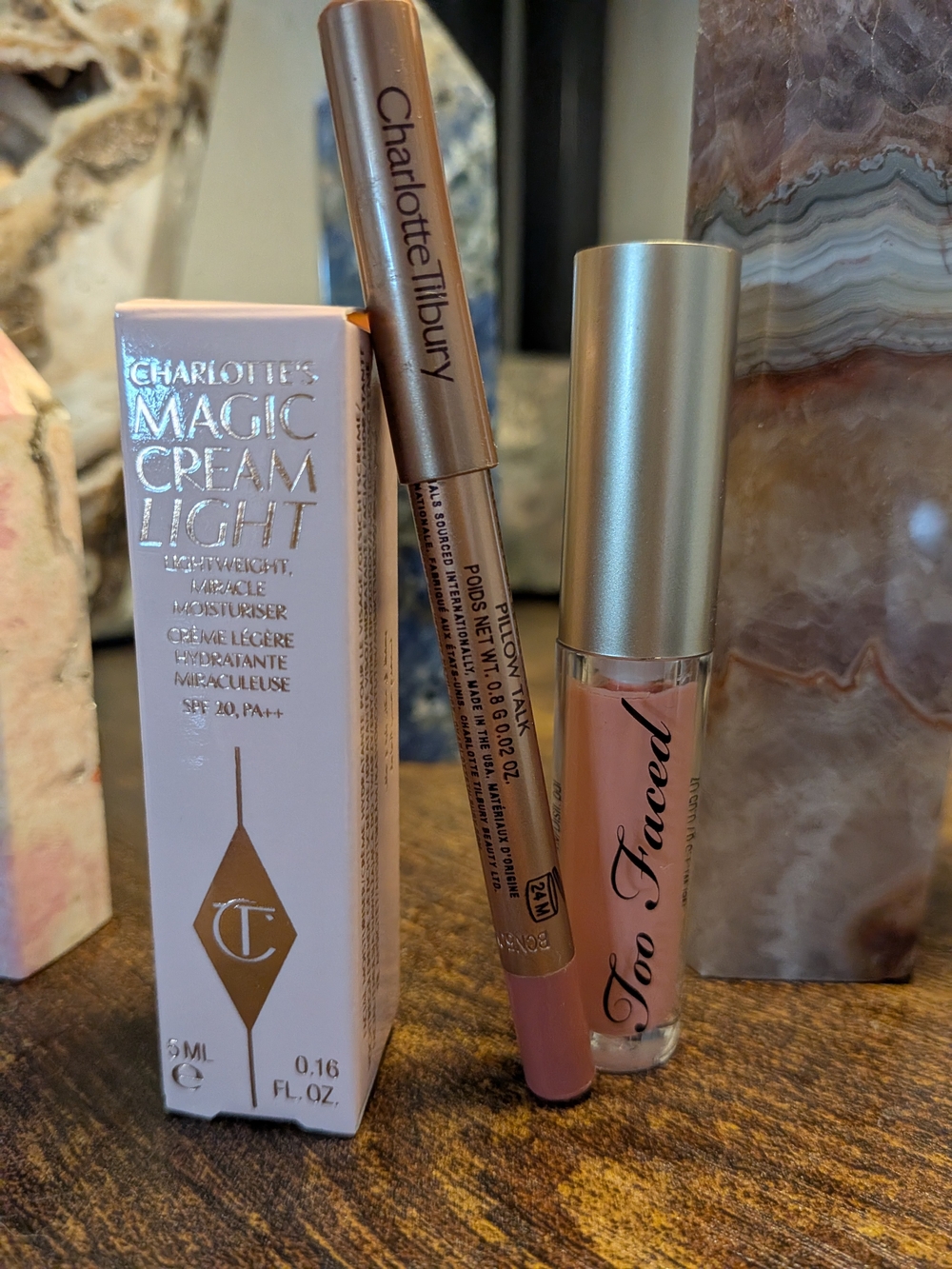 Charlotte Tilbury Travel Bundle W/ Two Faced Lip Gloss Hello Dolly Light Cream